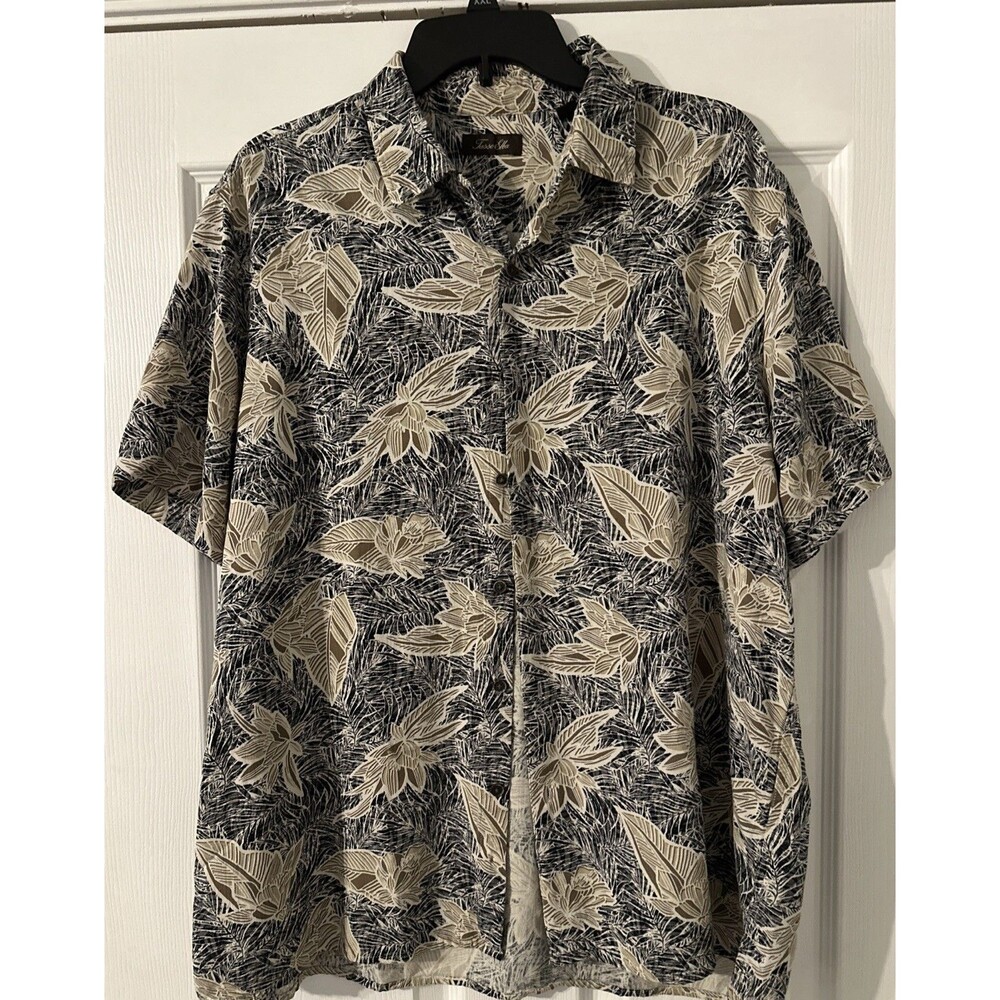 Tasso Elba XL Tan/Blue Silk Blend Short Sleeve Casual Men's Shirt EUC